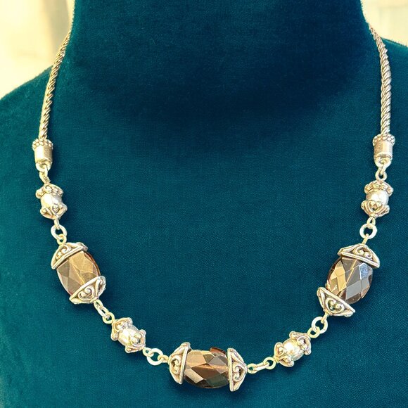 Brighton Night Mist Silver Tone Scrolled Smokey Quartz Stone Necklace & Bracelet - Picture 12 of 13